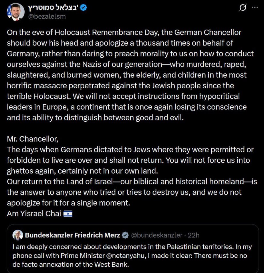 Smotrich Would Demand Apologies from German Chancellor Merz