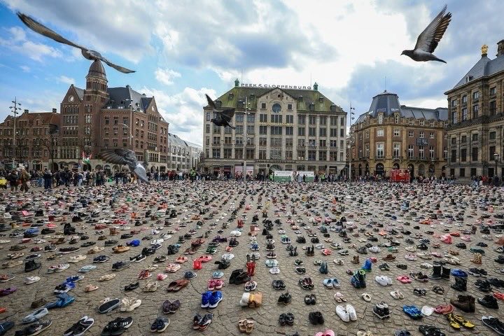 Memorial protest in Amsterdam honors Gaza children victims with shoes display