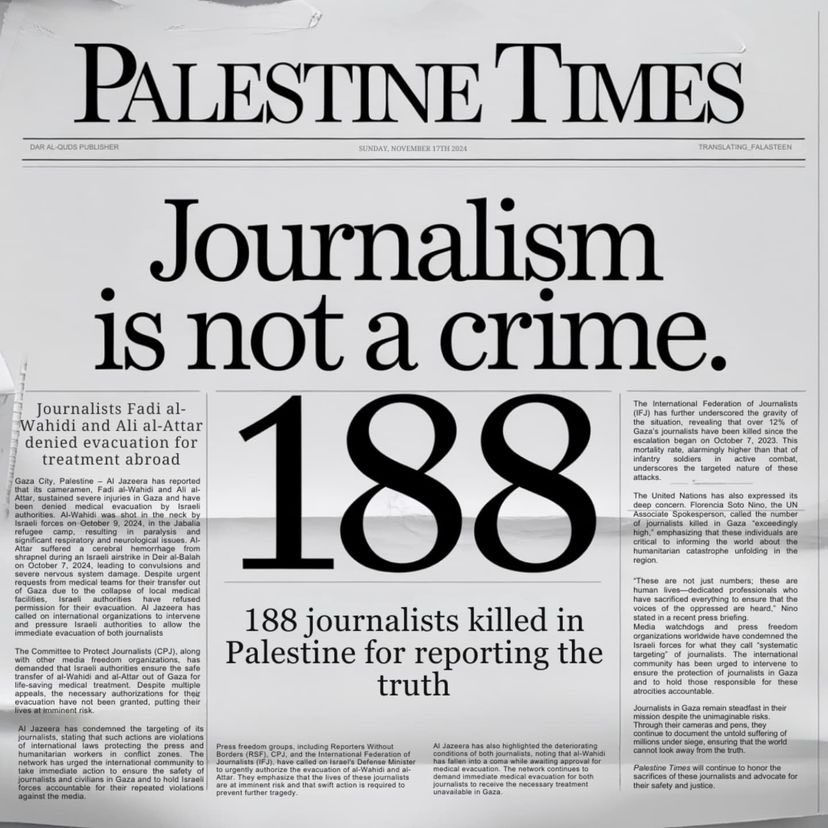 Gaza Media Office Reports 188 Journalists Killed Since October 7