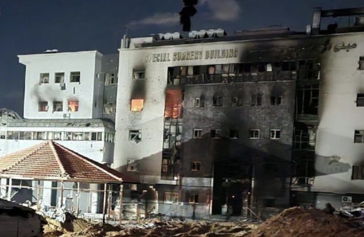 Shefa hospital building destroyed and burned by occupation forces