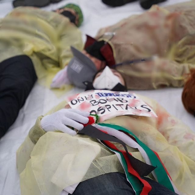 Pro-Palestine activists stage doctor die-in at Parliament Hill