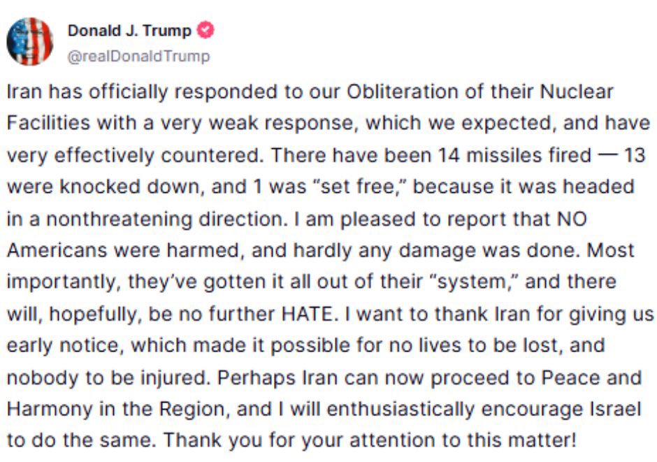 Trump Thanks Iran for Weak Military Response