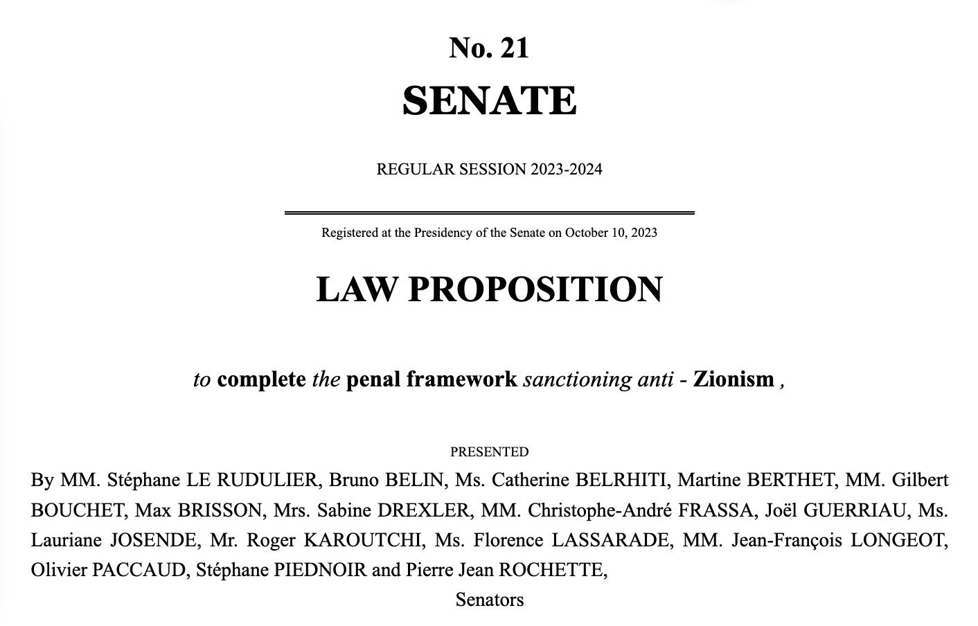 French Senate Bill Proposes Prison and Fine for Insulting Israel