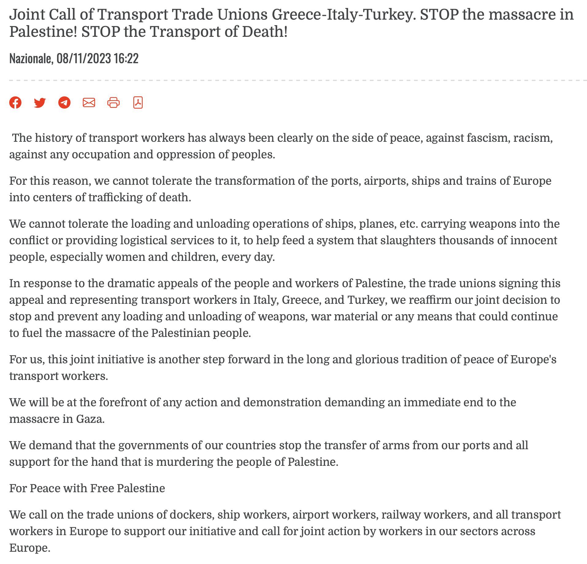 Transport unions halt weapons shipments to support Palestinian cause