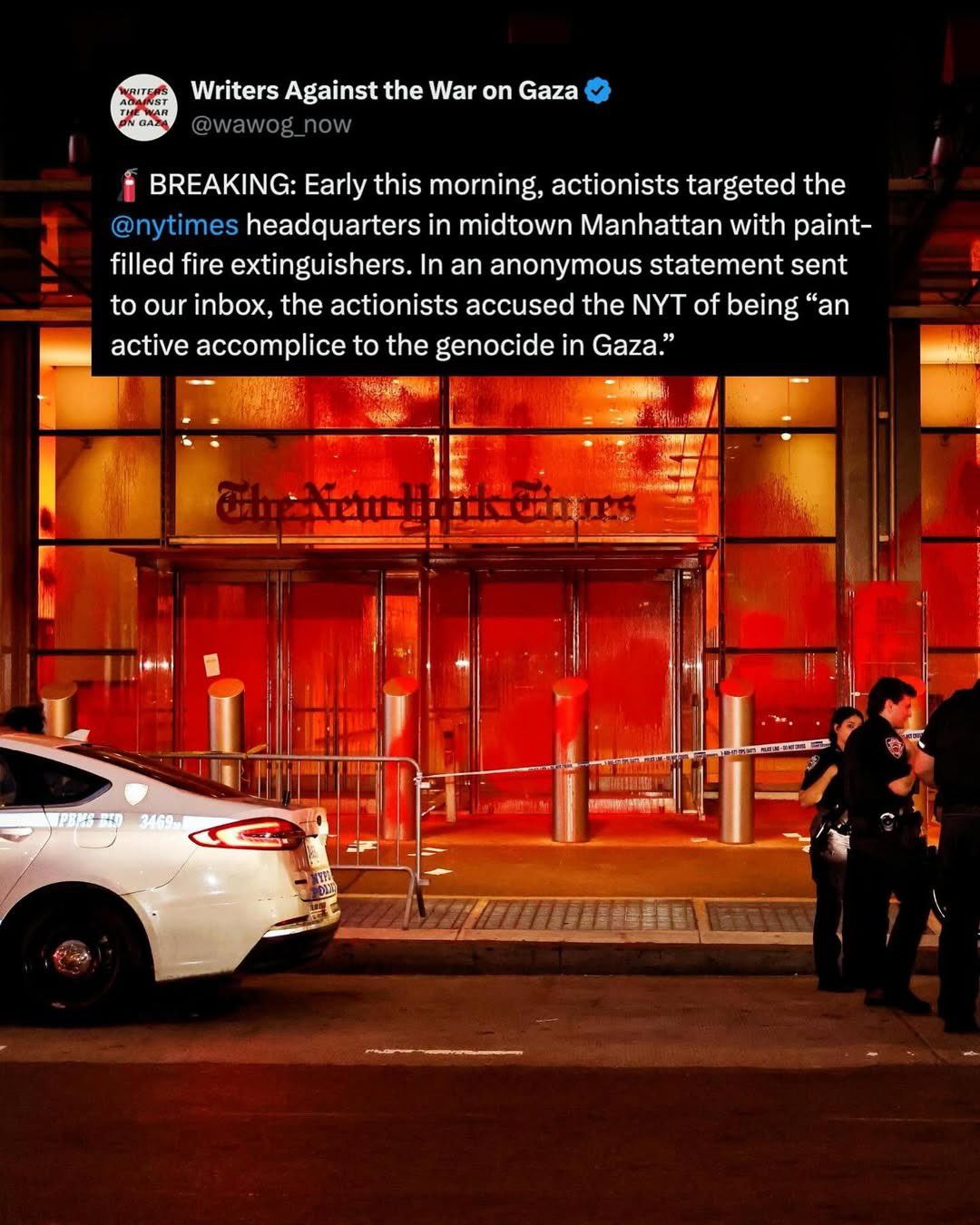Activists Target New York Times with Red Paint Protest