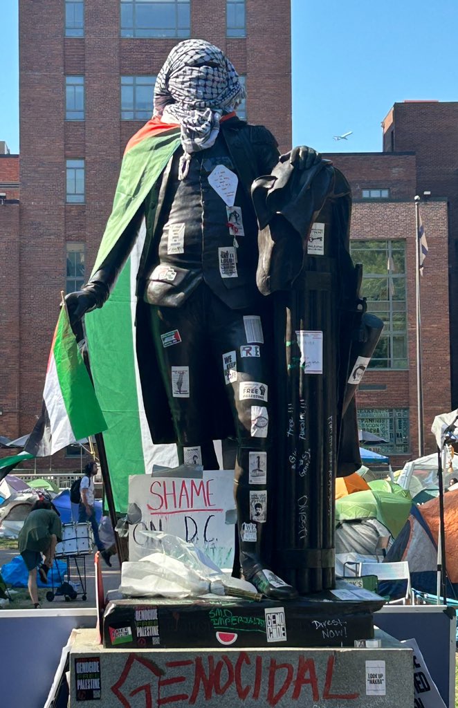 GW Students Decorate George Washington Statue with Palestine Symbols