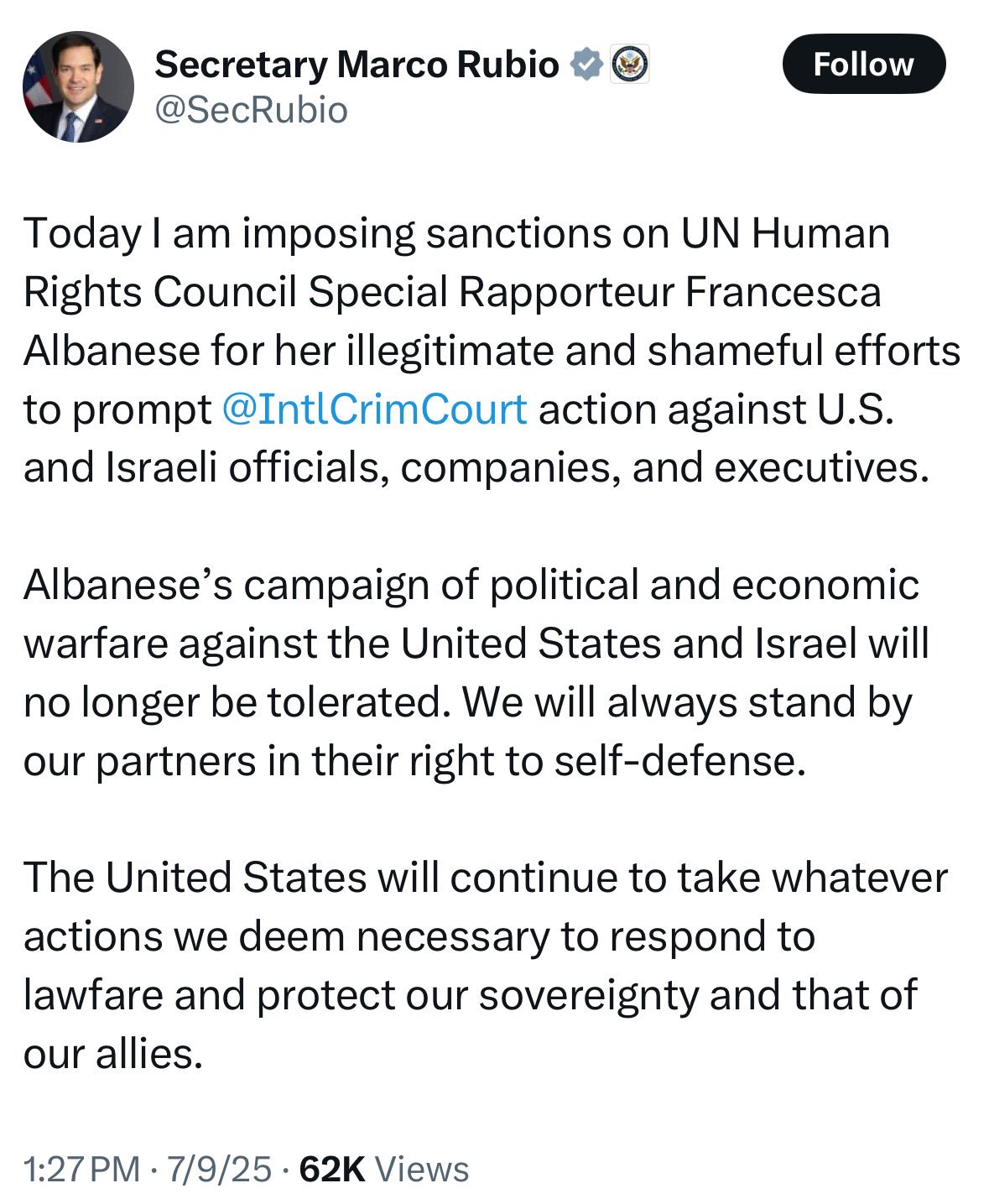 US Sanctions UN Official While Trump Returns to White House