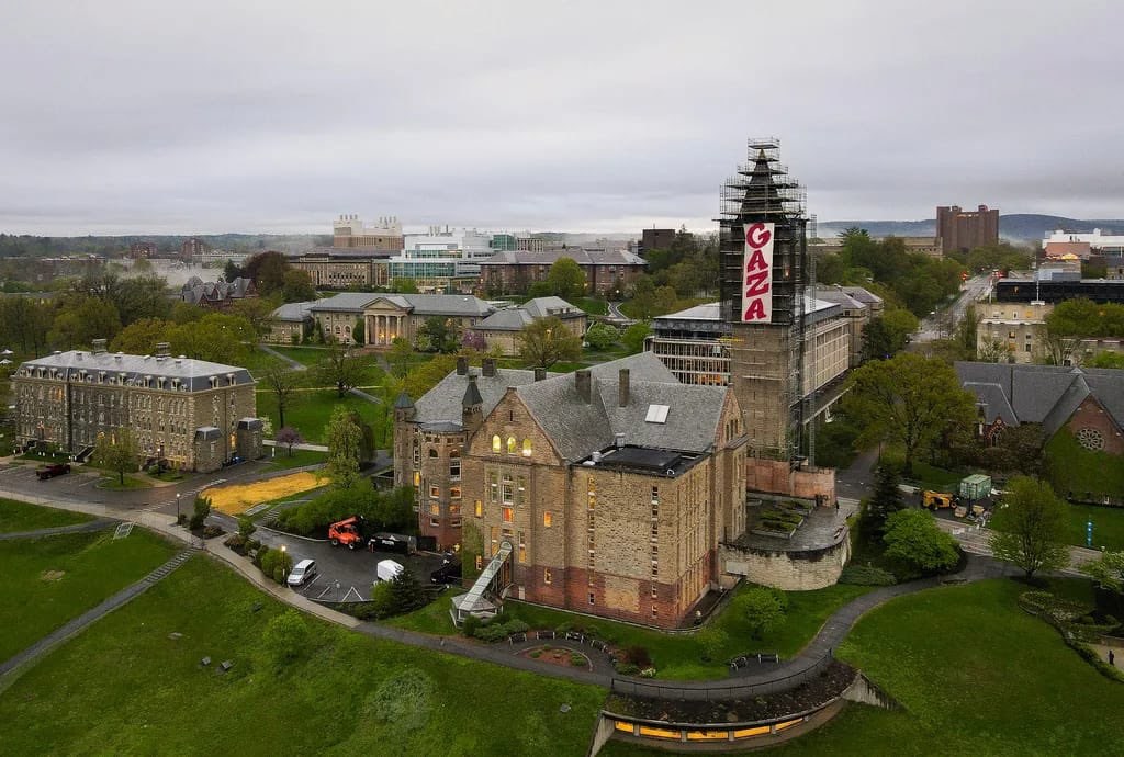 Cornell Students Hang Gaza Banner from McGraw Tower