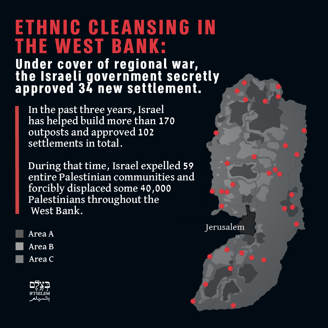 Israel approves 34 new West Bank settlements during Iran crisis