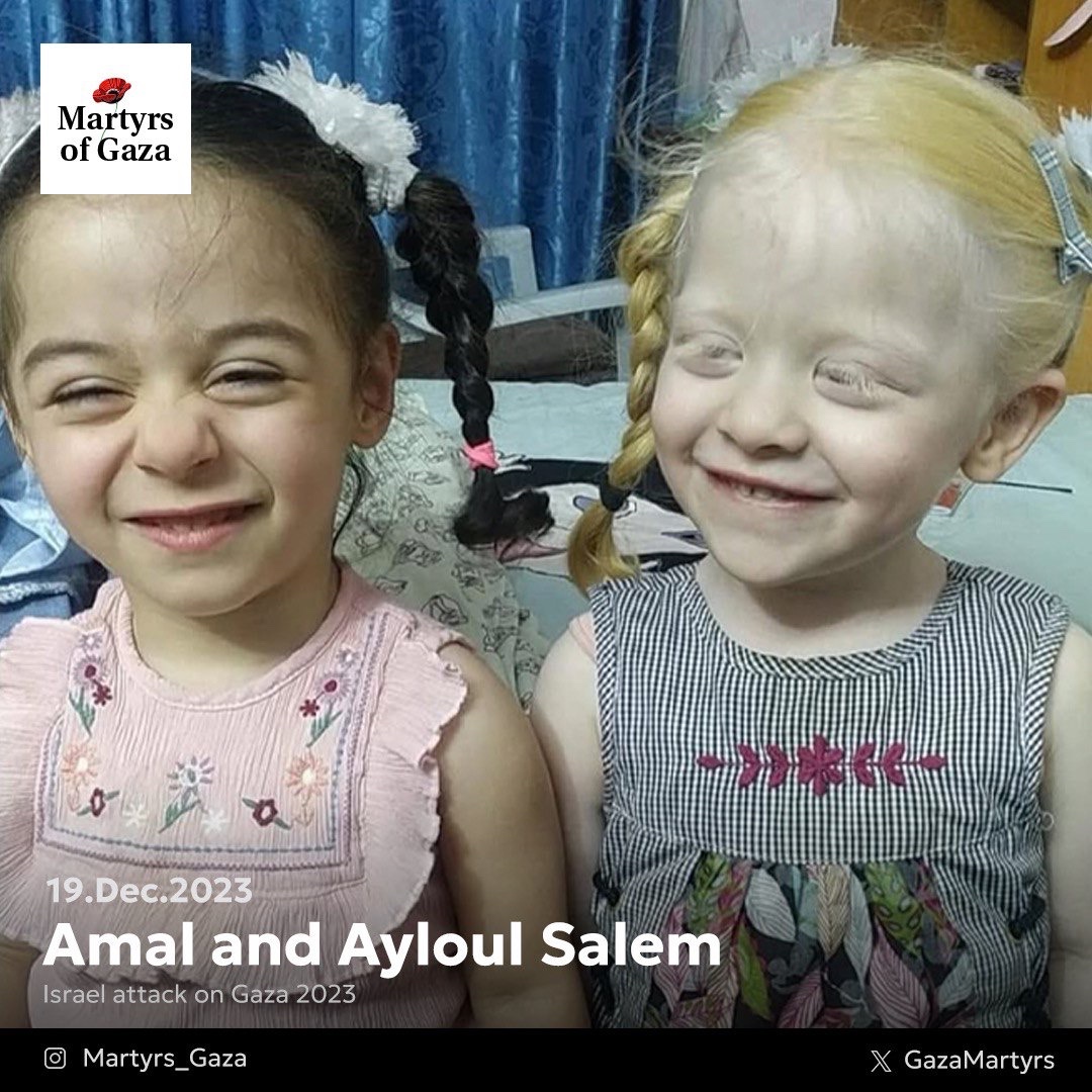 Twin sisters Amal and Ayloul remember Gaza tragedy December 2023