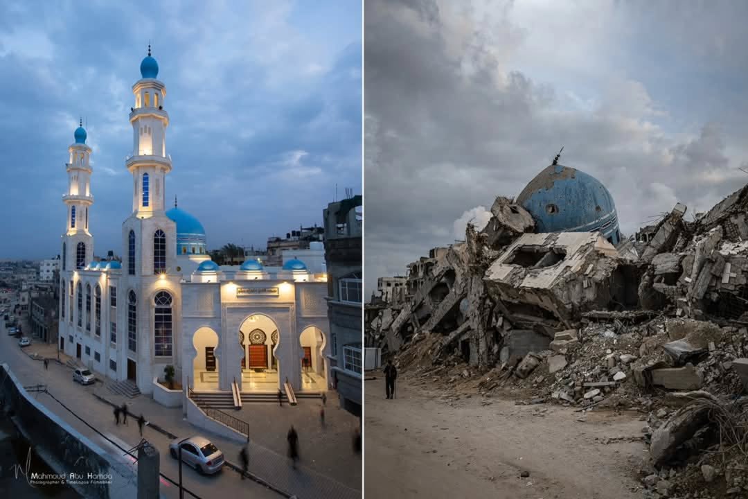 Mosque in Beit Lahia before and after destruction by occupation forces