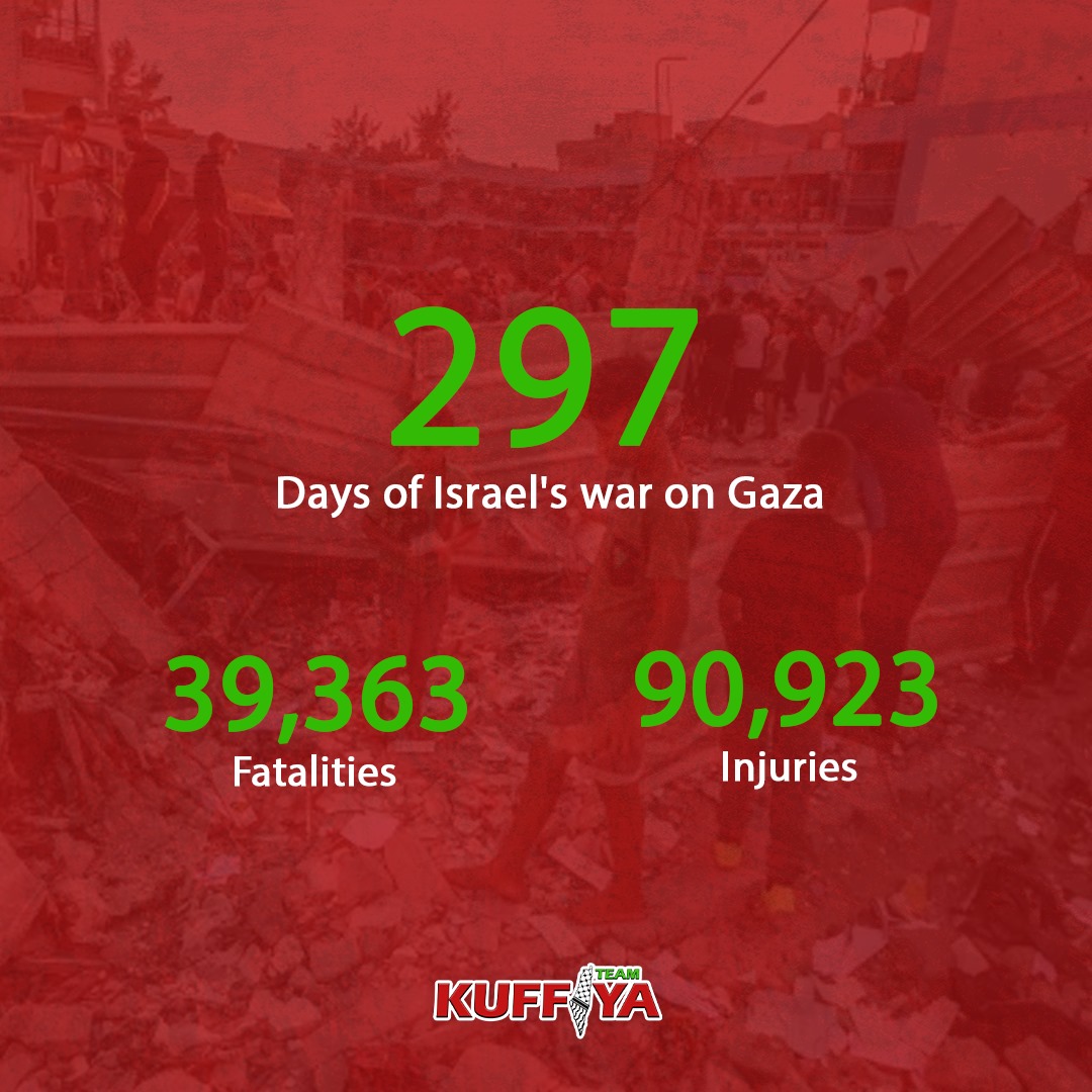 Gaza Genocide: 39,363 Palestinians Killed in 297 Days