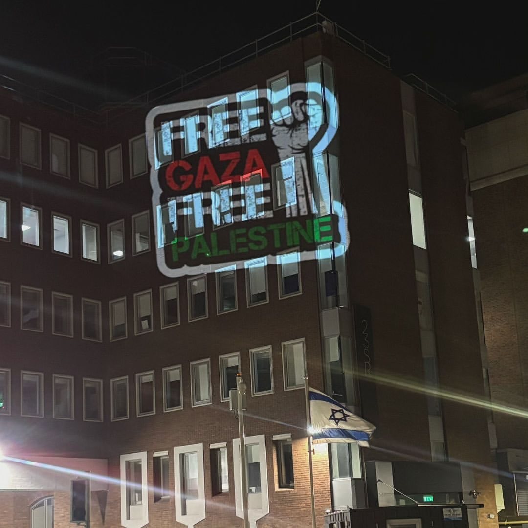 Anti-genocide protest projected on Israeli embassy in Dublin