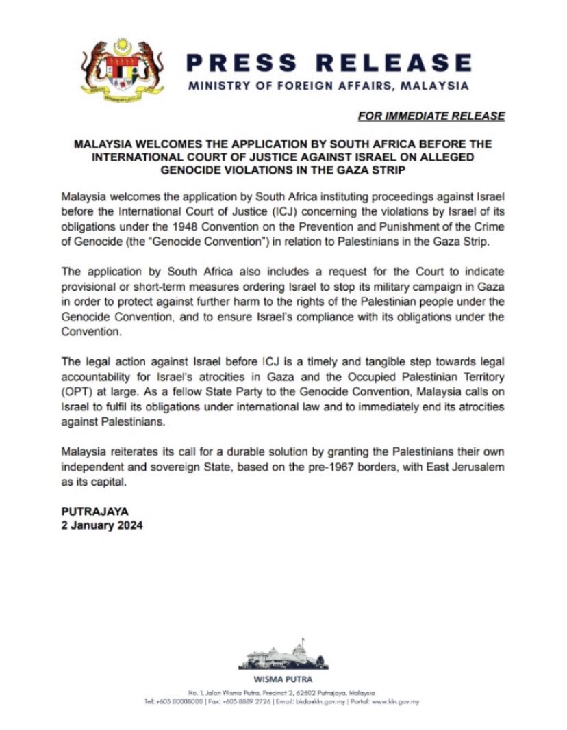 Malaysia Endorses South Africa’s ICJ Genocide Case Against Israel