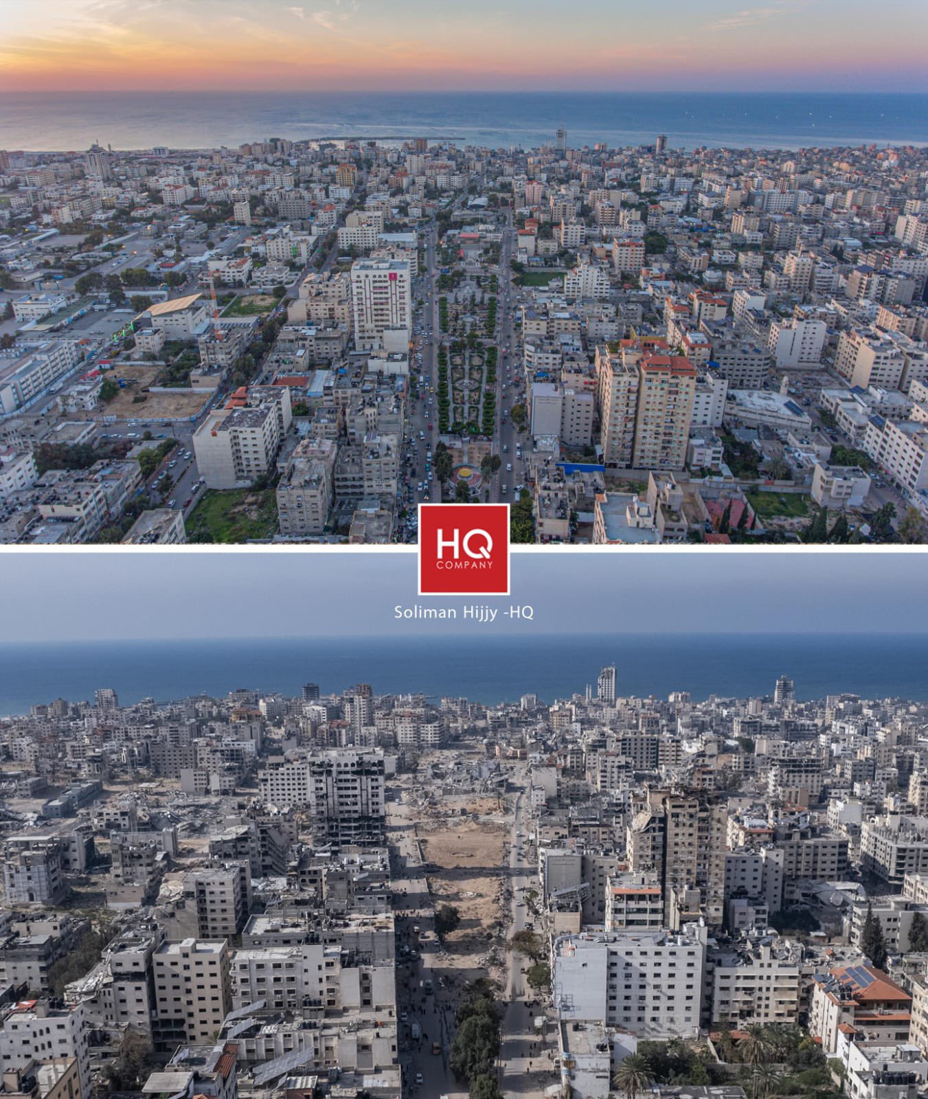 Al Rimal Gaza neighbourhood before and after Israeli genocide