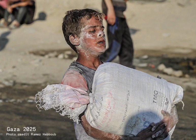 Palestinian Child Carries Flour Amid Gaza Humanitarian Crisis
