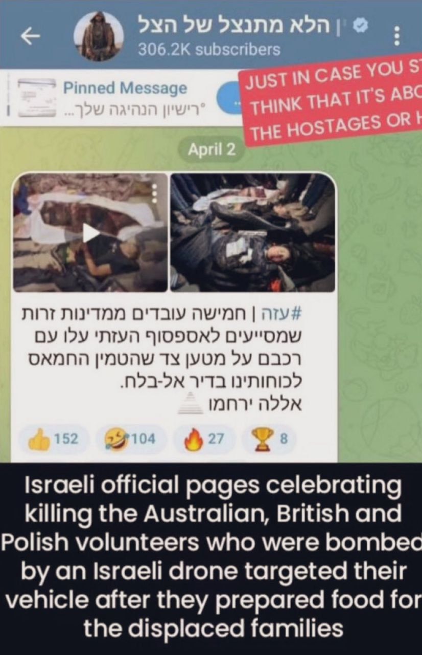 Israeli settlers celebrate World Central Kitchen aid workers killing