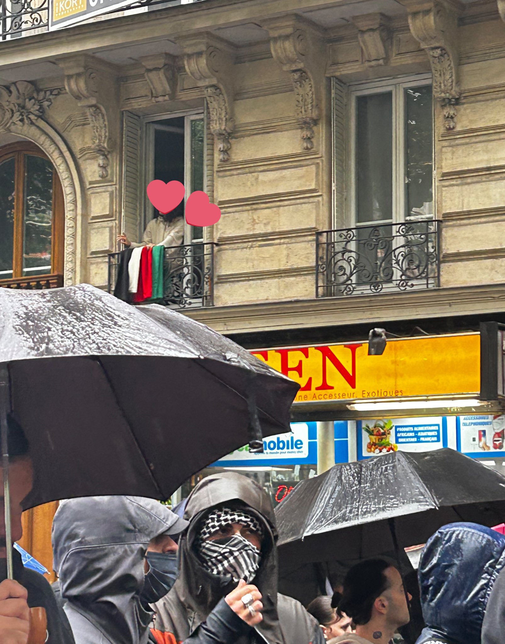 Woman Uses Clothes as Palestinian Flag at Paris Protest