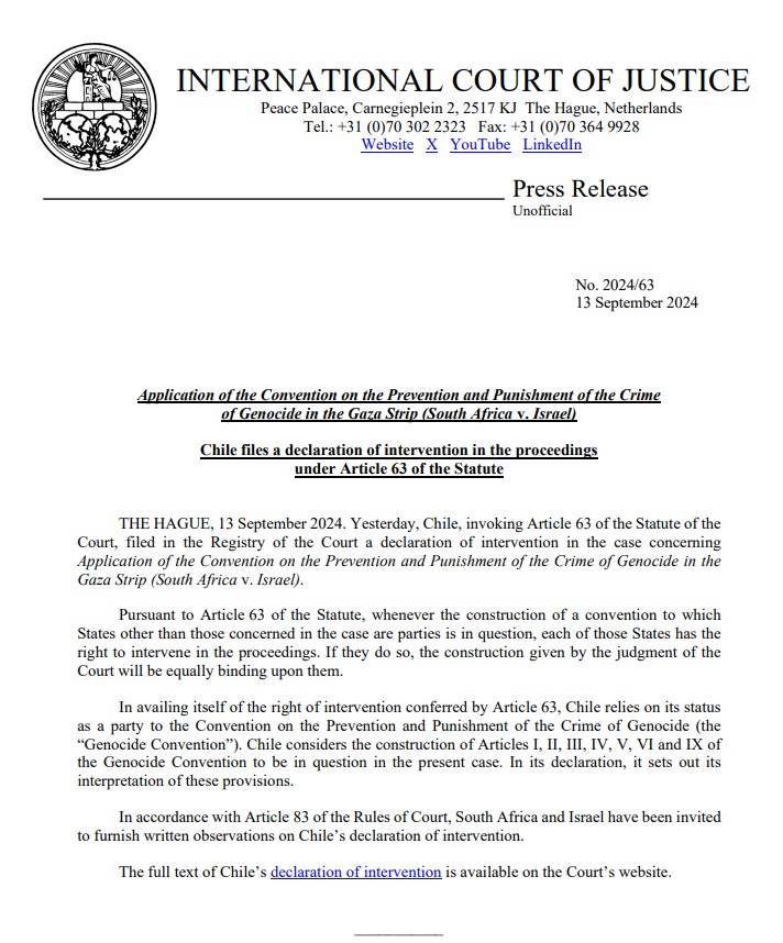Chile Formally Requests to Join South Africa’s ICJ Case Against Israel