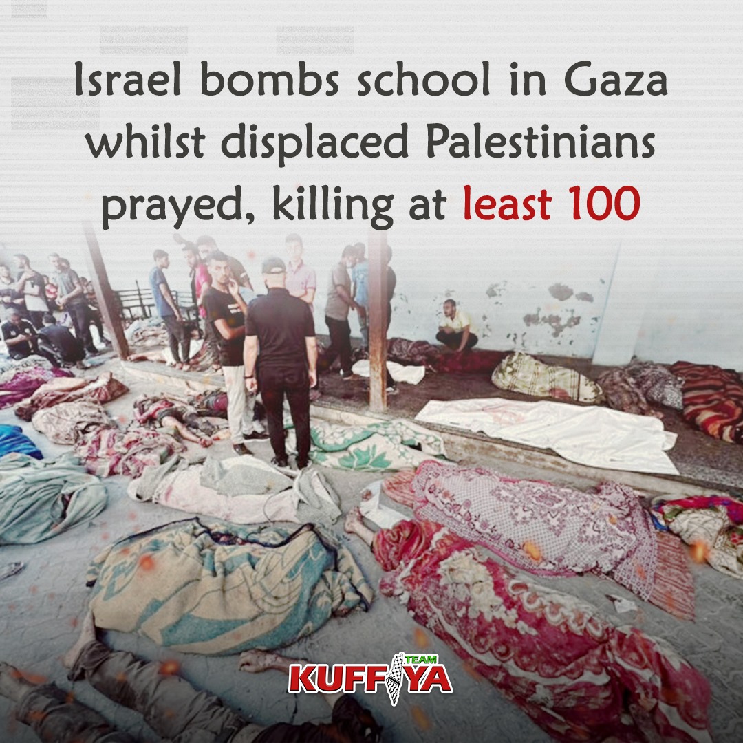 Israeli Military Bombs Al-Taba’een School in Gaza City, Killing 100