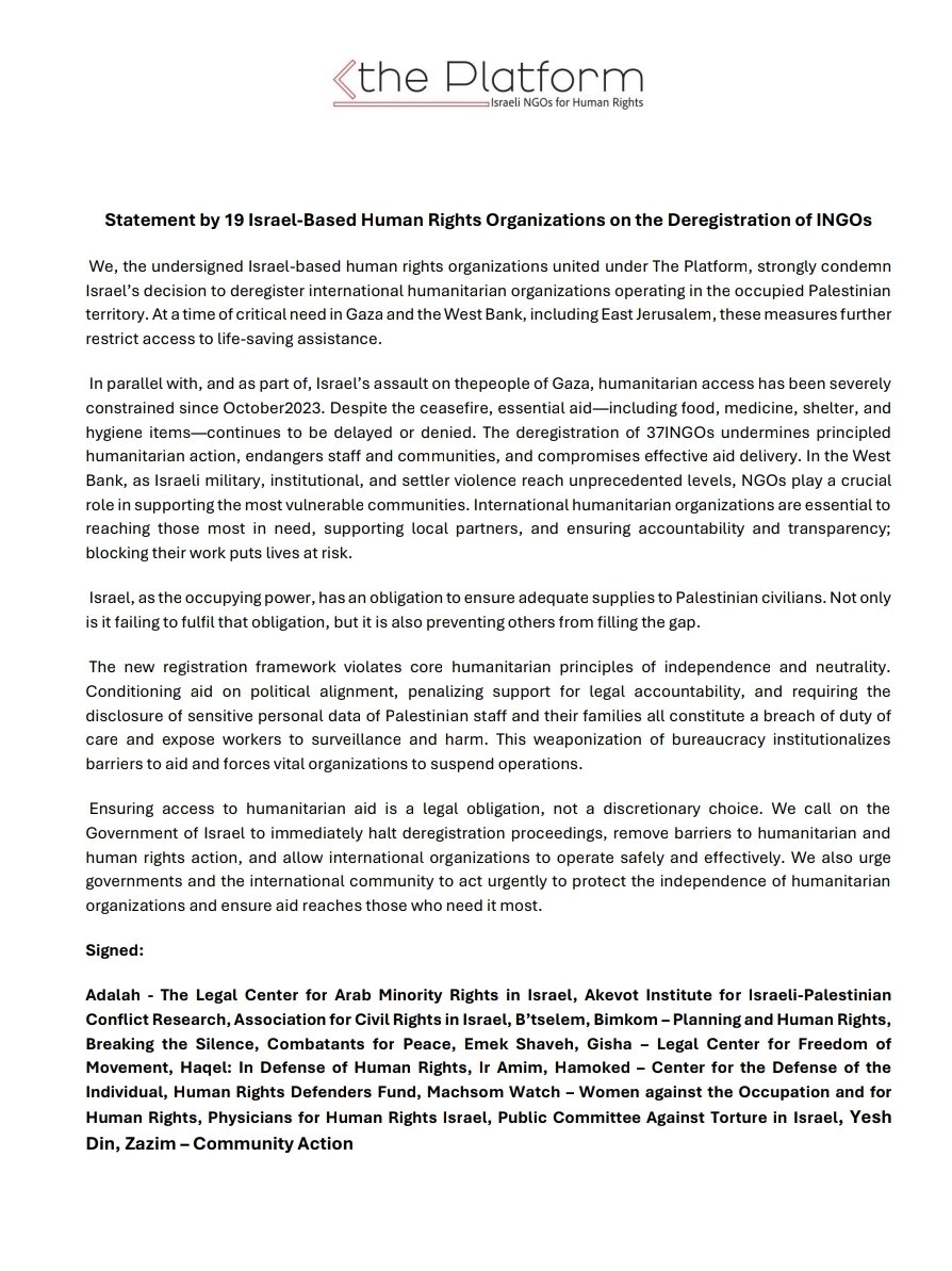B’Tselem joins statement on INGO deregistration