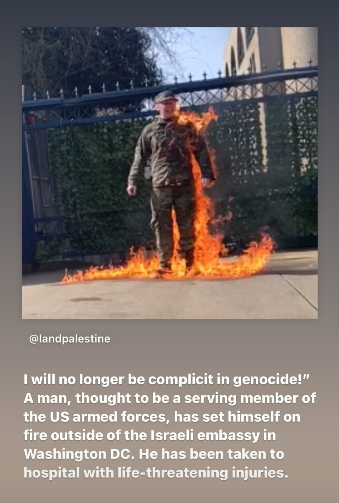 US Armed Forces Member Sets Self on Fire at Israeli Embassy