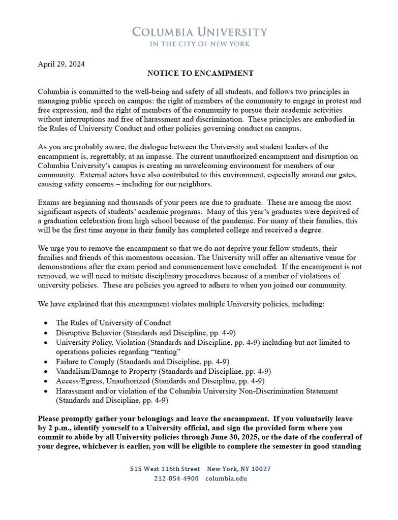 Columbia University Threatens Suspension for Gaza Solidarity Encampment