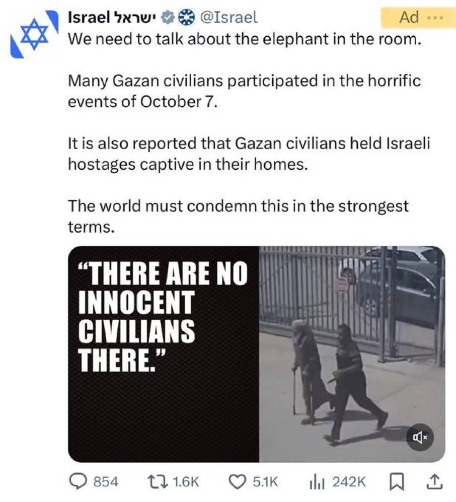 Ad Claims All Gaza Civilians Are Criminals Without Violation