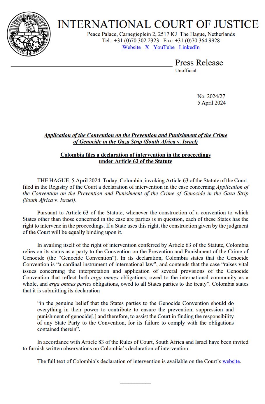 Colombia Intervenes in ICJ Genocide Case Against Israel
