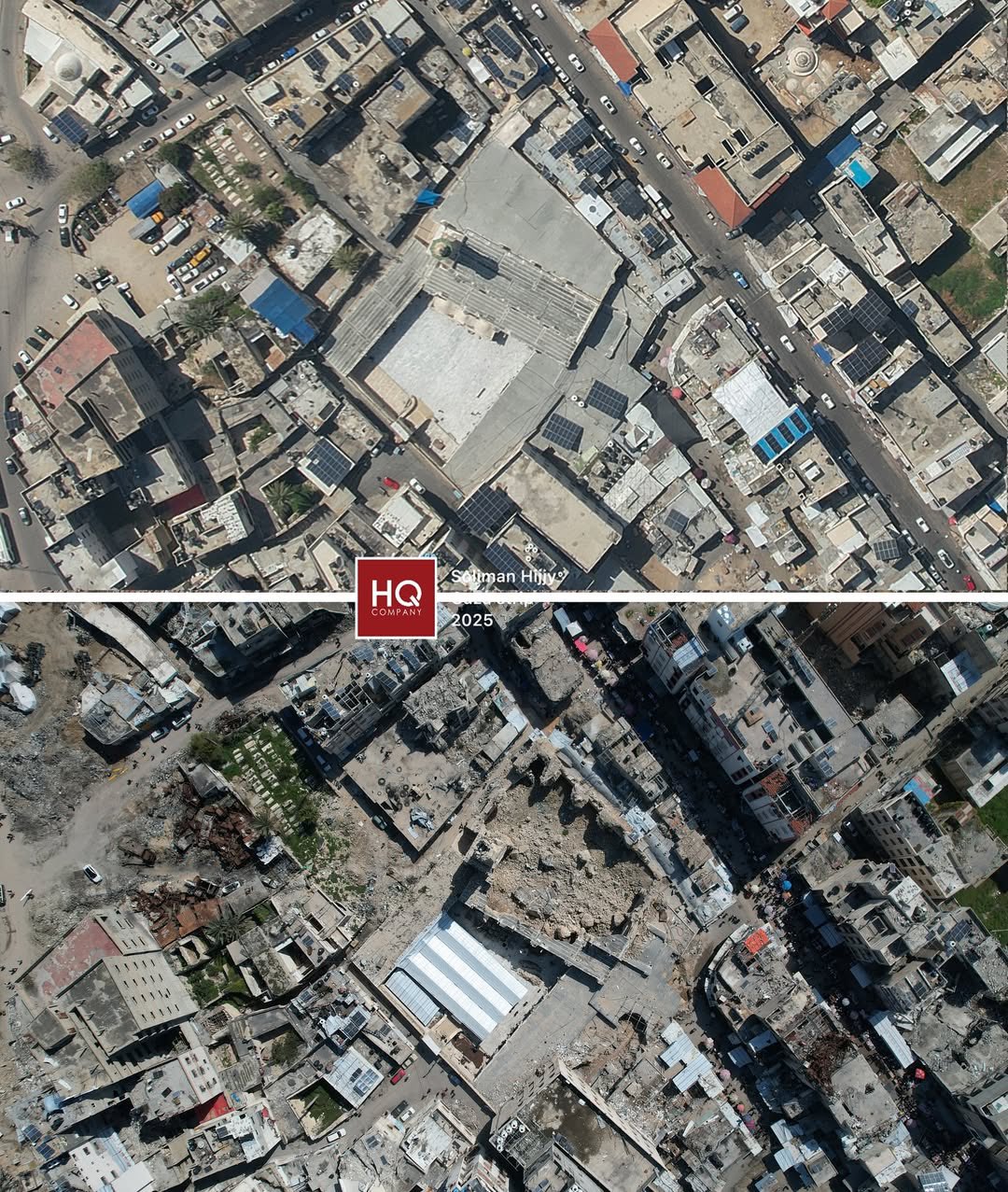 Omari Mosque damage aerial photography before and during war