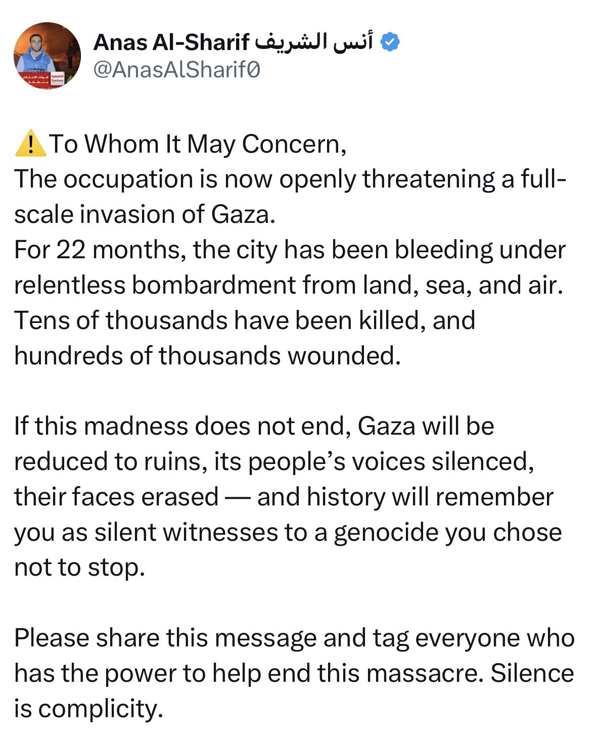 Al Jazeera Journalist Anas Al-Sharif Assassinated Final Message