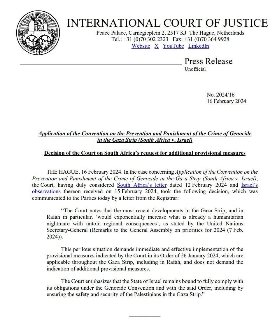 ICJ Declines Additional Provisional Measures on Rafah Violence