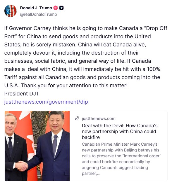 Trump Threatens 100% Tariffs on Canadian Goods Over China Ties