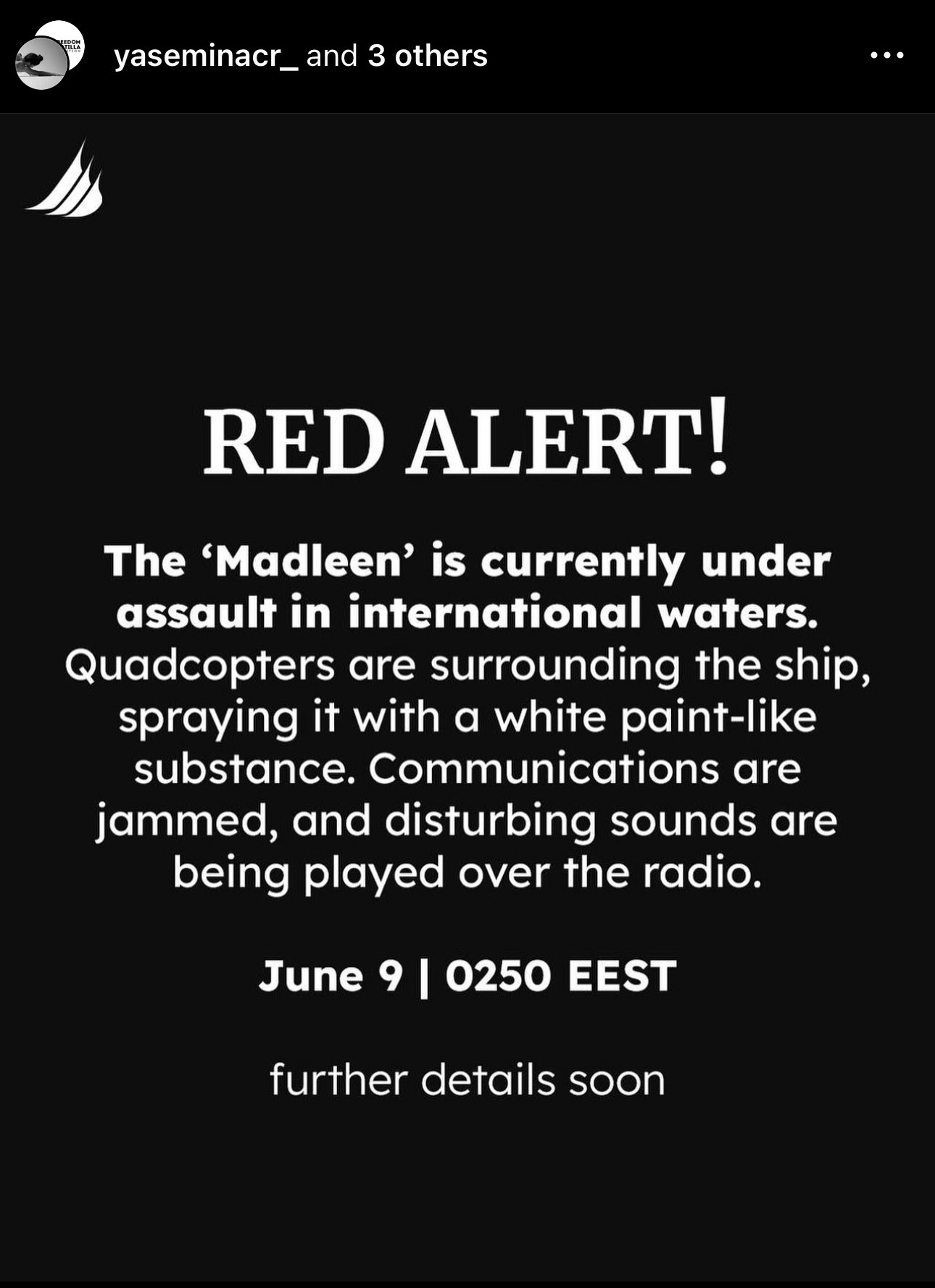 Freedom Flotilla Madleen crew issues red alert update