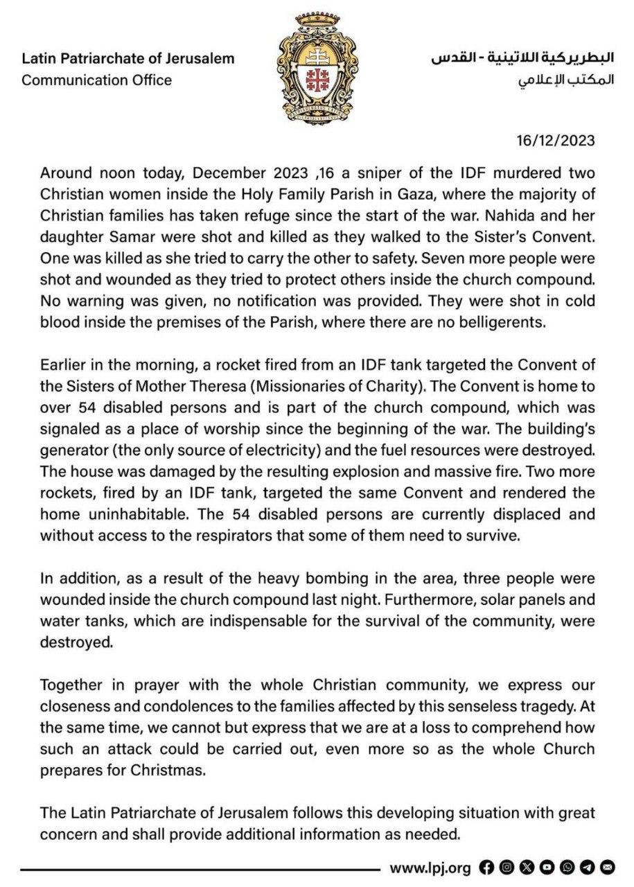 Latin Patriarchate Condemns Israeli Shelling of Gaza Churches