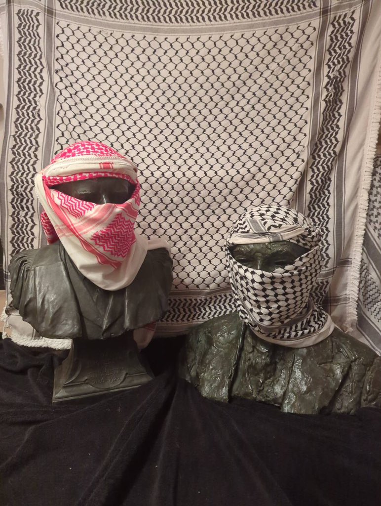 Palestine Action covers Weizmann sculptures with keffiyehs