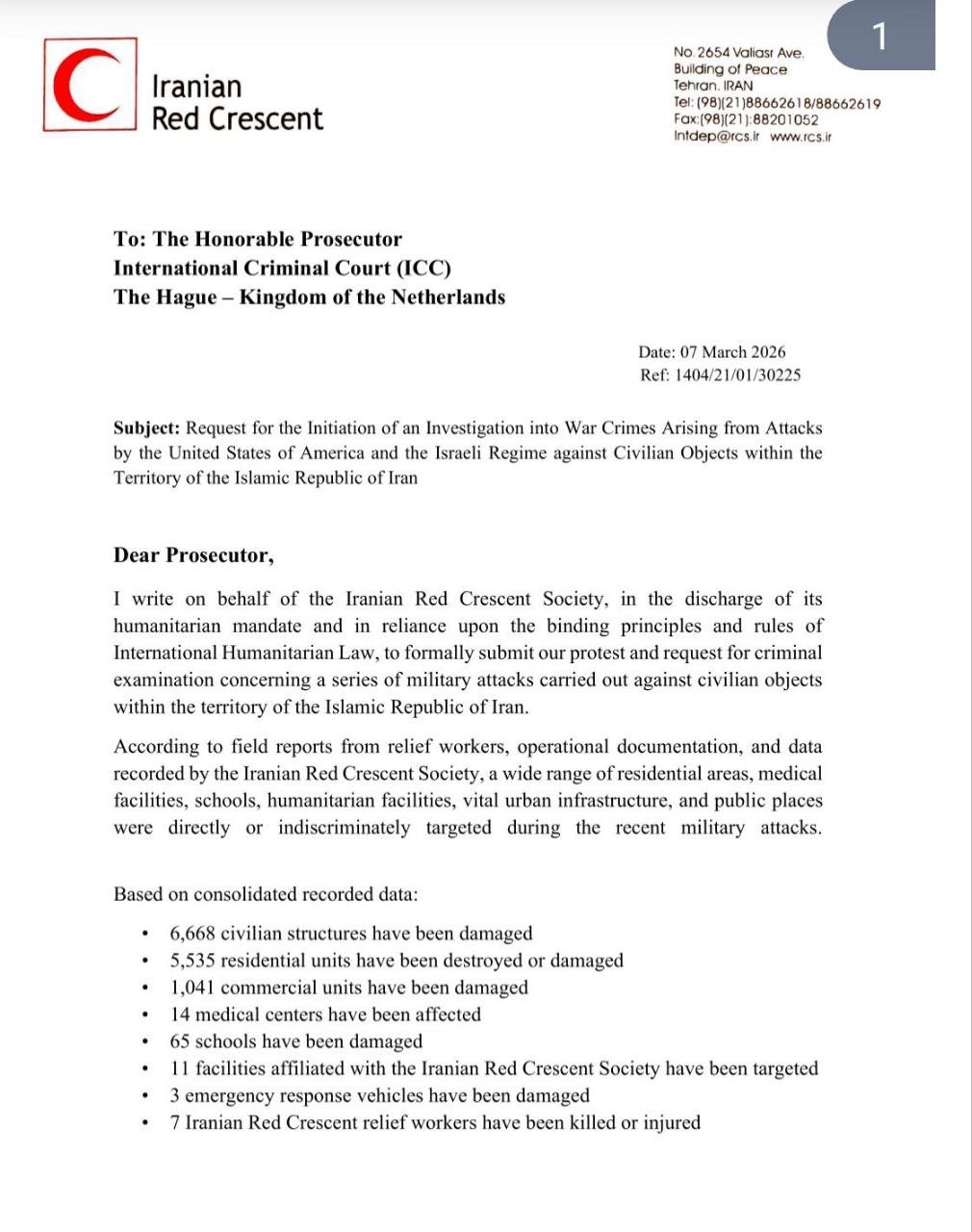 Iranian Red Crescent Calls for ICC Investigation into US Israeli War Crimes