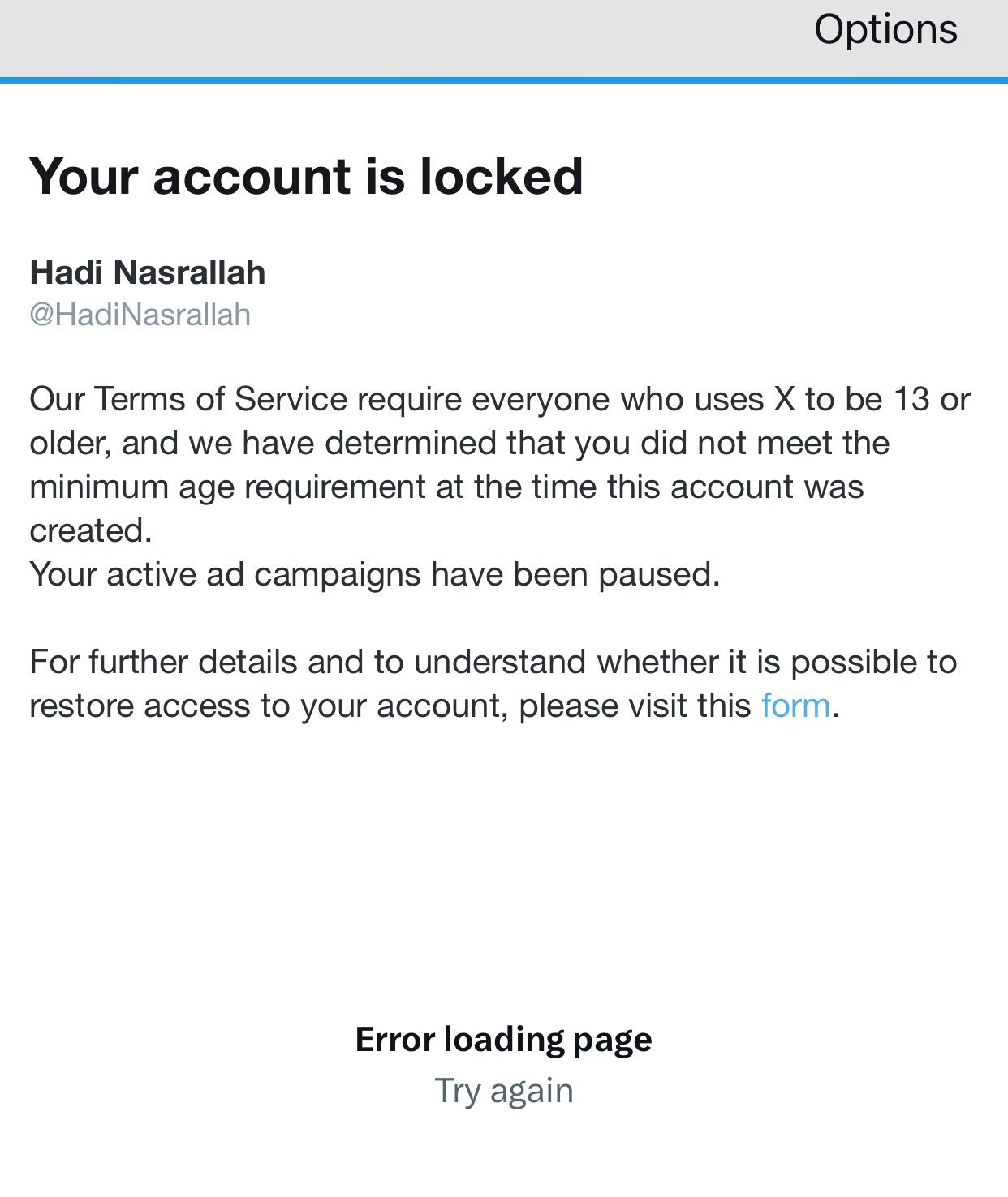 User Demands Immediate Reinstatement of HadiNasrallah Account
