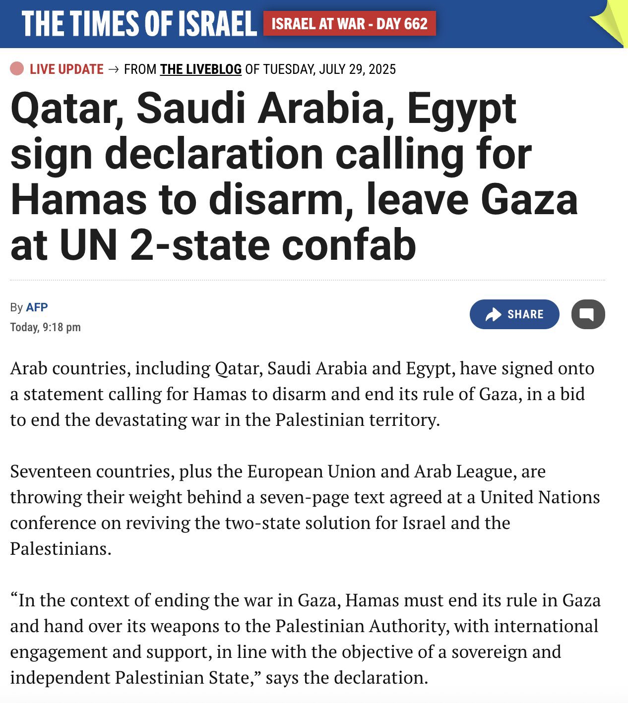 Hamas Disarmament Conditional on Palestinian State Solution