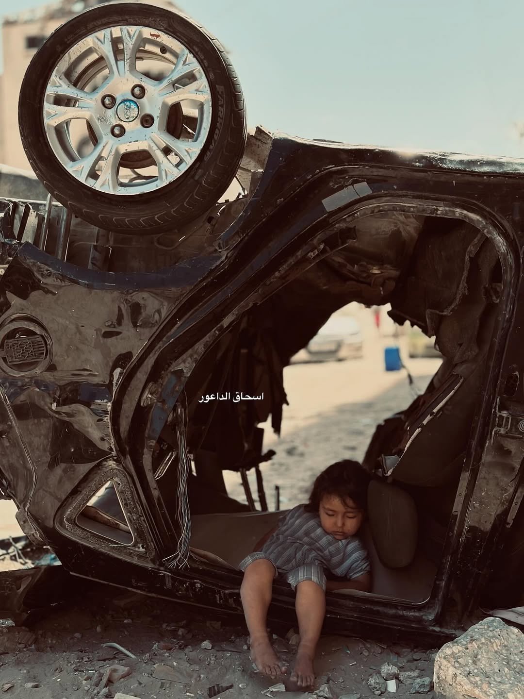 Child Seeking Shelter in War Ruins