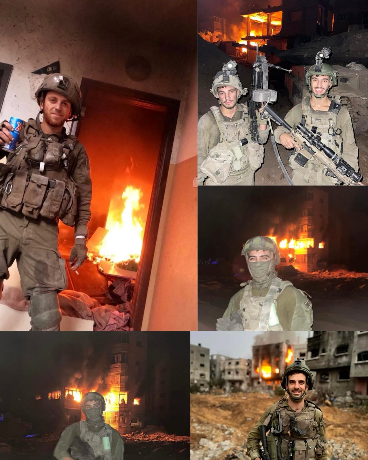 IOF soldiers posing with burning Palestinian homes in Gaza