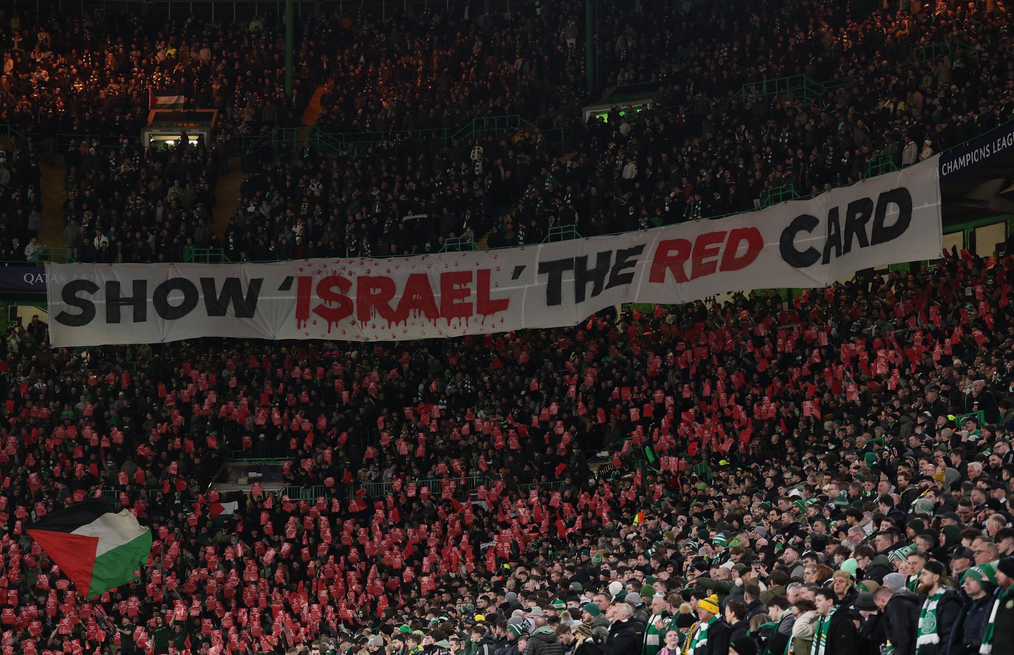 Celtic Park fans display political banner against Israel