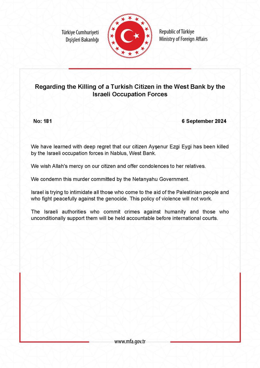Turkish Ministry condemns killing of citizen by Israeli forces