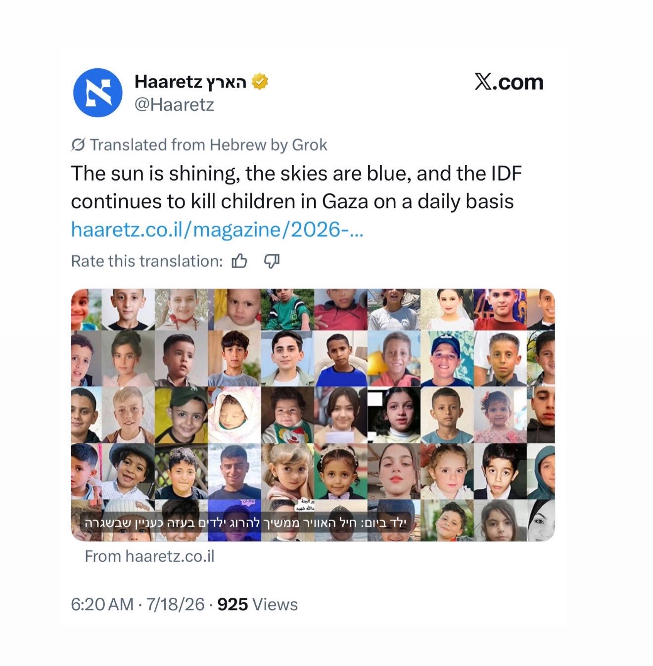Haaretz documents daily killing of children in Gaza