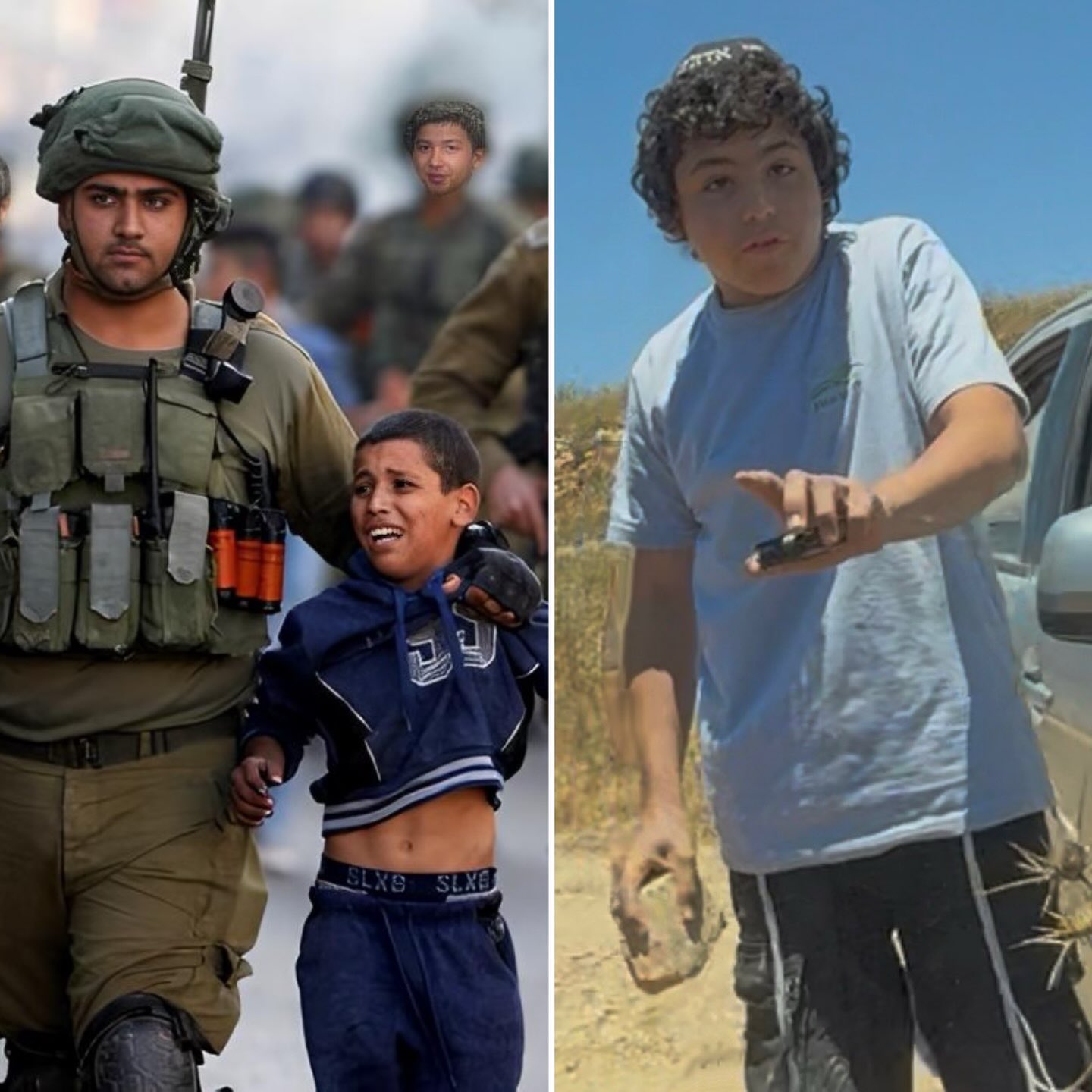 Israeli settler attack and Palestinian child detention scenes