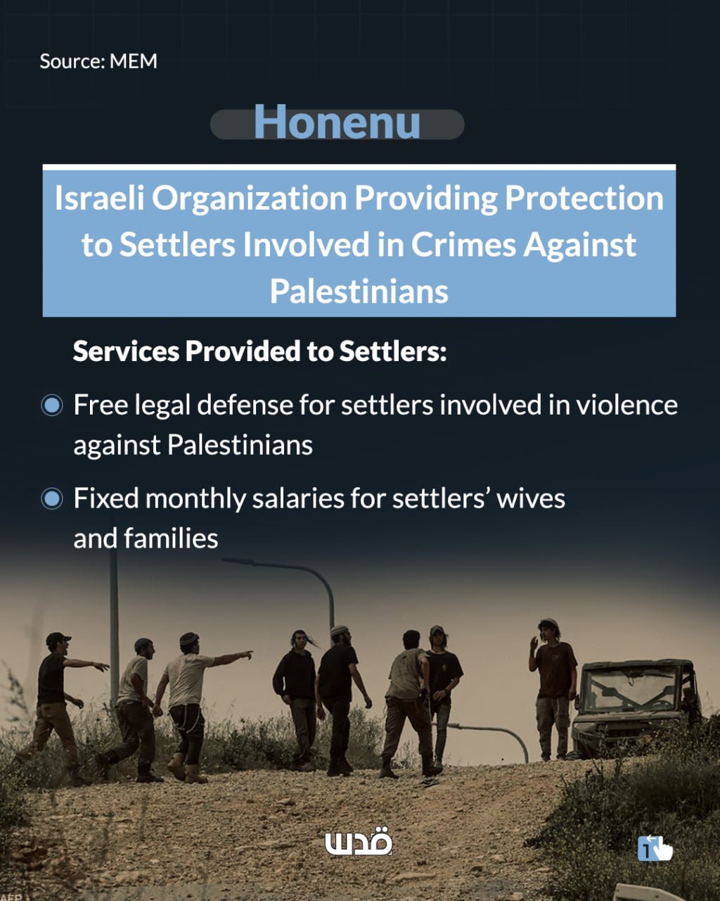 PLO report: Honenu supports Israeli settlers accused of violence