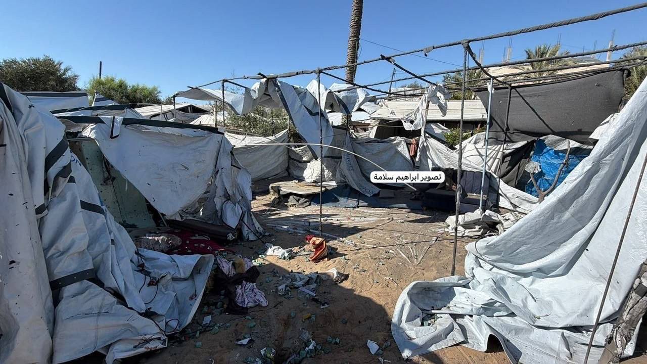 Aftermath of Israeli airstrike on displaced Palestinians’ tents in Al-Mawasi, Khan Younis