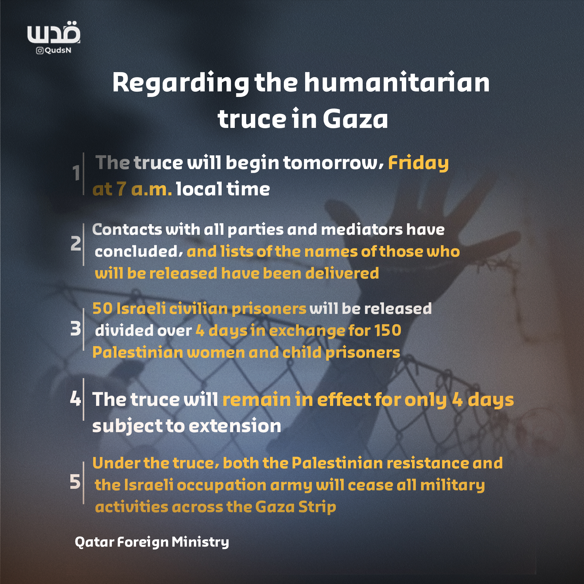 Humanitarian pause in Gaza scheduled to take effect Friday 7:00 local time
